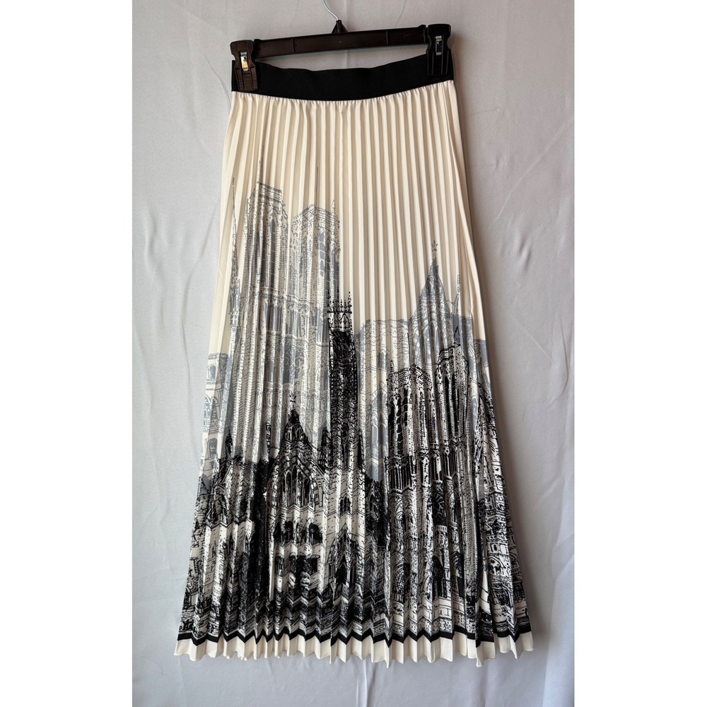 Black White Cityscape Pleated Skirt Gothic Paris Aesthetic Midi M Elastic Waist